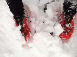 this was taken in the basin.  up the gully and on the ridge we gained FEET of snow!  and as you can see, I was woefully underprepared